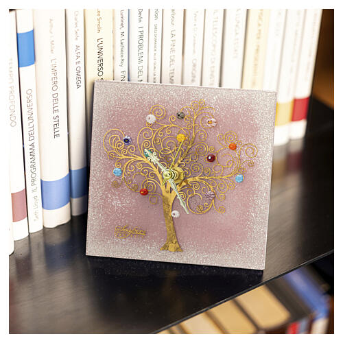 Relógio de mesa quadrado em vidro de Murano cor-de-rosa com motivo Árvore da Vida 20x20 cm 2