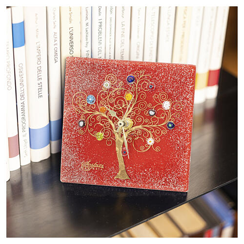 Square red Murano glass table clock with Tree of Life decoration, 7.5x7.5 in 2