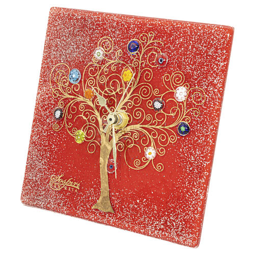 Square red Murano glass table clock with Tree of Life decoration, 7.5x7.5 in 4