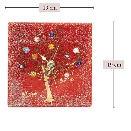 Horloge de table carrée en verre de Murano rouge avec décor Arbre de Vie 20x20 cm 3