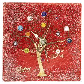 Square red Murano glass desk clock with Tree of Life decoration, 19x19 cm