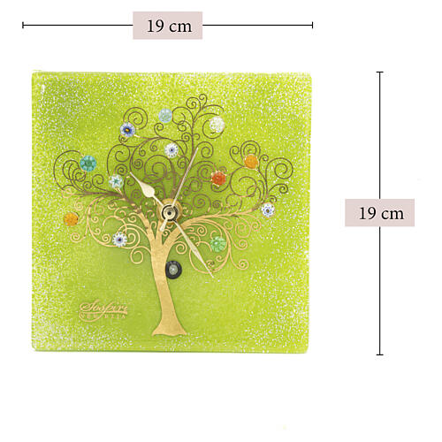 Reloj de mesa cuadrado vidrio de Murano verde con Árbol de la Vida dorado 20x20 cm 3