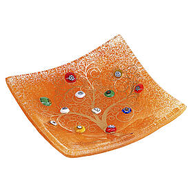 Petit plat carré en verre de Murano orange avec Arbre de Vie en or fin