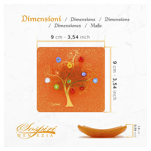 Petit plat carré en verre de Murano orange avec Arbre de Vie en or fin 2