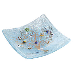 Blue Murano glass dish with Tree of Life in genuine gold leaf