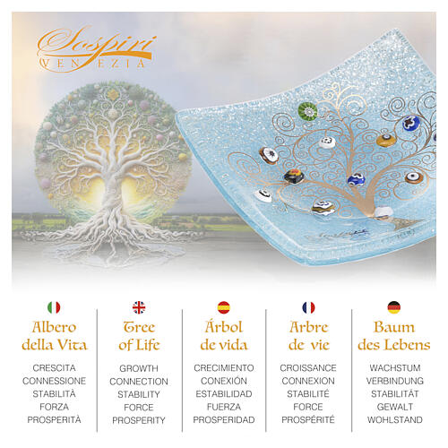 Platillo 9 x 9 cm de vidrio de Murano color azul con Árbol de la Vida en oro puro 2