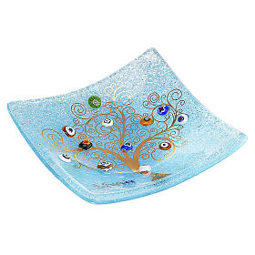 Petit plateau 9x9 cm en verre de Murano bleu azur avec Arbre de Vie en or fin