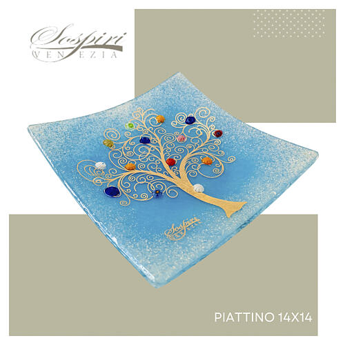 Petit plateau 9x9 cm en verre de Murano bleu azur avec Arbre de Vie en or fin 4