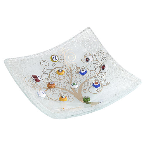 Piattino 9x9 cm in vetro di Murano colore bianco con Albero della Vita in oro zecchino 1