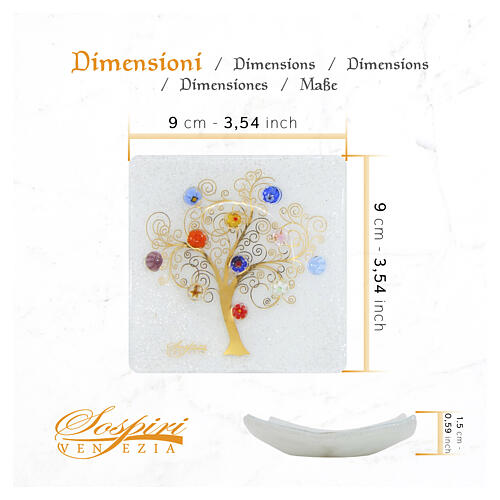 Piattino 9x9 cm in vetro di Murano colore bianco con Albero della Vita in oro zecchino 3