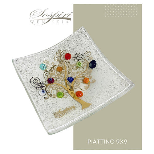 Piattino 9x9 cm in vetro di Murano colore bianco con Albero della Vita in oro zecchino 6