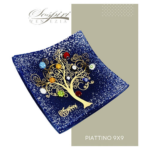 Petit plat 9x9 cm bleu avec murrines en verre de Murano et Arbre de Vie 6