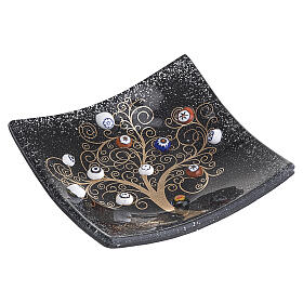 3.5x3.5-inch black Murano glass dish with Tree of Life