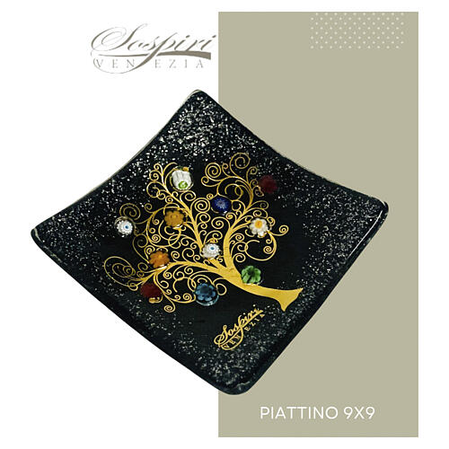 Petit plat 9x9 cm noir, murrines en verre de Murano avec Arbre de Vie 6