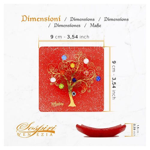 Platillo 9x9 cm murrinas vidrio de Murano rojo con Árbol de la Vida 3