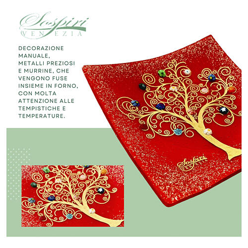 Platillo 9x9 cm murrinas vidrio de Murano rojo con Árbol de la Vida 4