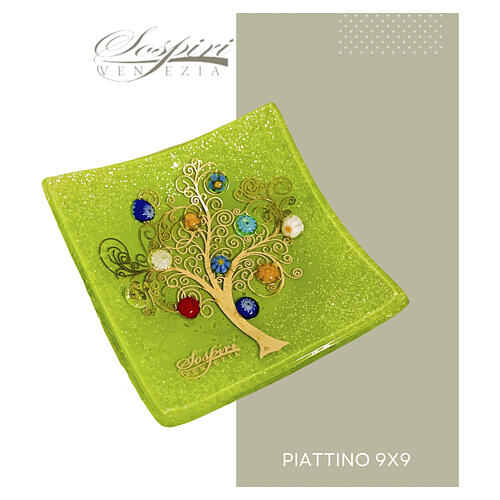 Pratinho 9x9 cm murrine em vidro de Murano verde com Árvore da Vida 6