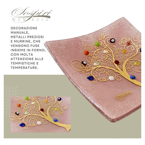 Pink glass trinket dish with Murano murrine and 24k gold, 8x8 in 5