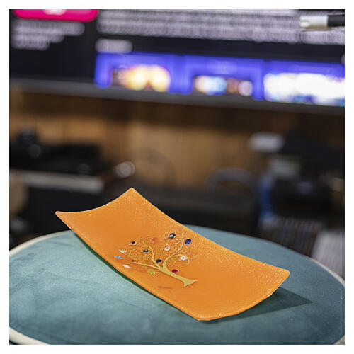 Orange valet tray with Murano glass murrine on Tree of Life silhouette, 2x6x12 in 3