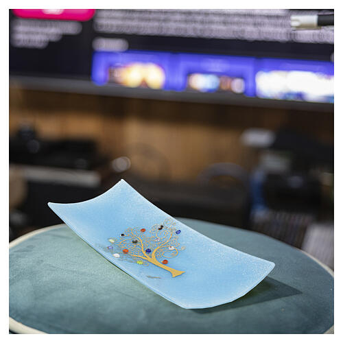 Bandeja porta-objetos em vidro de Murano azul com Árvore da Vida e murrinas 5x15x30 cm 3