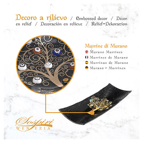 Black Murano glass valet tray, Tree of Life with multicoloured murrine, 2x6x12 in 5