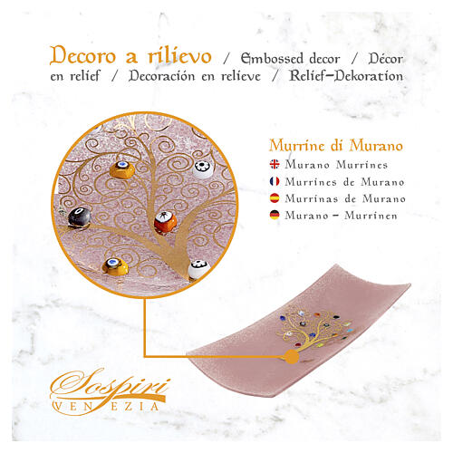 Pink glass valet tray with Tree of Life and Murano murrine, 2x6x12 in 5