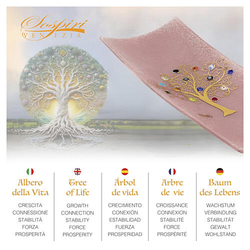 Vide-poche en verre rose avec Arbre de Vie et murrines de Murano 5x15x30 cm 2