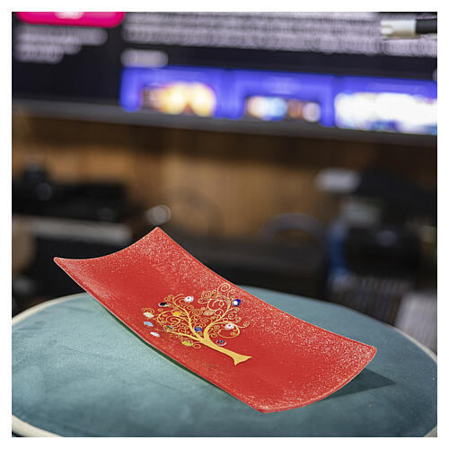 Red Murano glass decorative tray with Tree of Life and murrine, 2x6x12 in 3