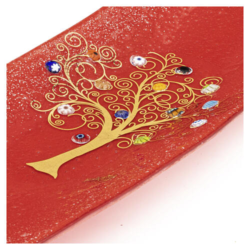 Red Murano glass decorative tray with Tree of Life and murrine, 2x6x12 in 6