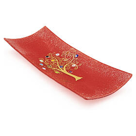 Decorative red dish with Murano glass murrine and Tree of Life, 5x15x30 cm