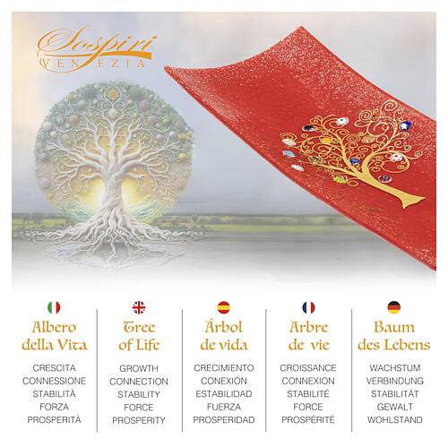 Decorative red dish with Murano glass murrine and Tree of Life, 5x15x30 cm 2