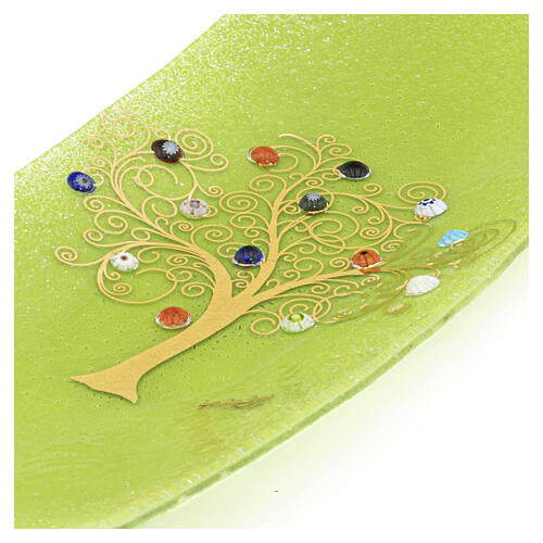 Bandeja verde com Árvore da Vida e murrinas em vidro de Murano 5x15x30 cm 6