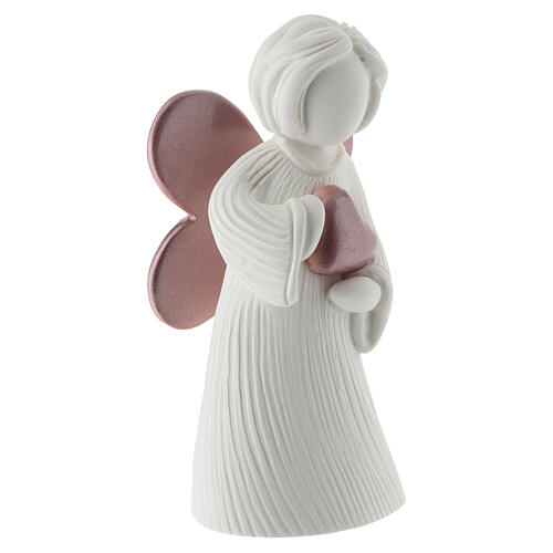 Resin angel with heart and glossy pink wings, 5 in 3