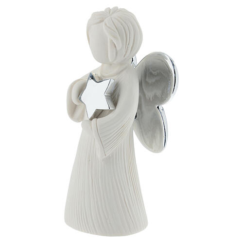 Figura angelo moderno bianco con stella e ali argento 12cm 2
