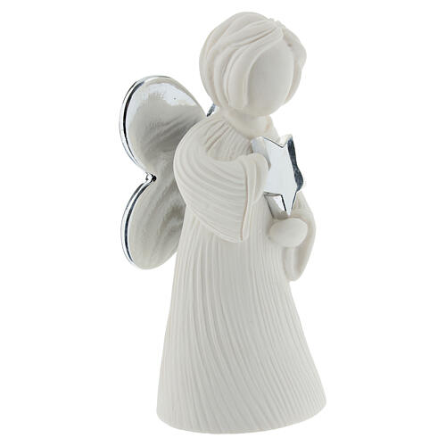 Figura anjo moderno branco com estrela e asas prateadas 12 cm 3