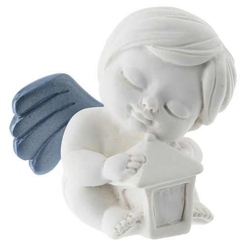 Angelo 10cm con lanterna resina ali color celeste 1
