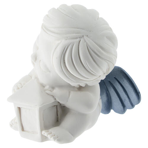 Angelo 10cm con lanterna resina ali color celeste 3