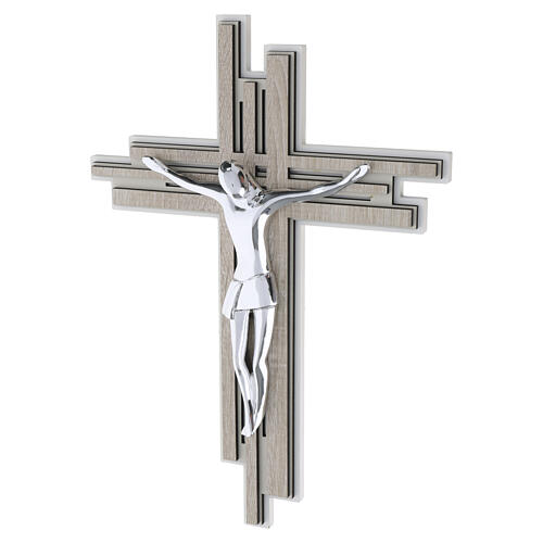 Stylized silver metal Christ on pierced elm wood cross, 40x30 cm 2