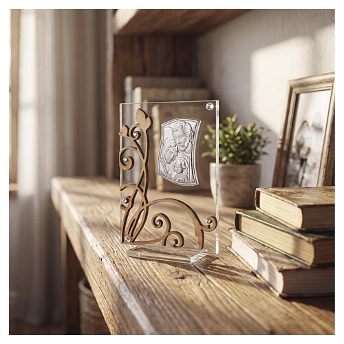 Quadretto Sacra Famiglia mod. Intarsio 10x7 cm vetro e legno 2