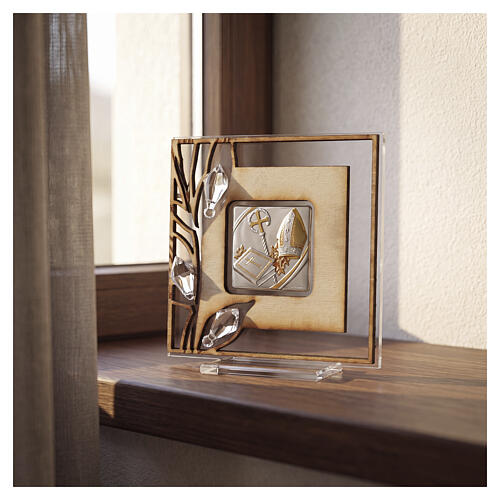 Bomboniera Cresima bilaminato argento e decoro legno su vetro 10x10 cm 2