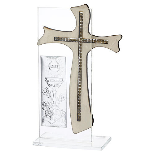 Bomboniera Prima Comunione in bilaminato d'argento e vetro 15x10 cm croce legno 4