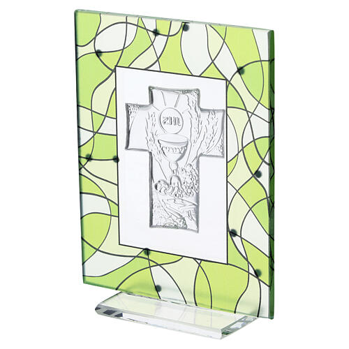 Cuadrito verde vidrio motivos bilaminado cruz Primera Comunión 10x7 cm 4