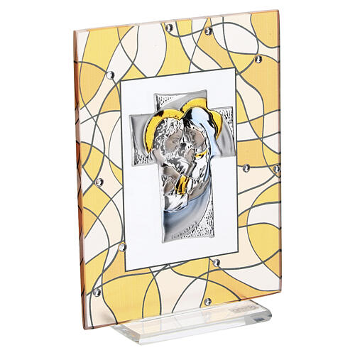 Cuadrito vidrio 10x7 cm Sagrada Familia bilaminado plata motivo naranja 3