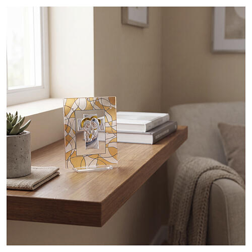 Quadro vetro 10x7 cm Sacra Famiglia bilaminato argento decoro arancione 2