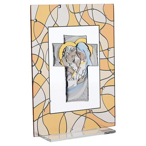 Sacra Famiglia vetro con bilaminato argento 20x15 cm decoro geometrico arancio 3