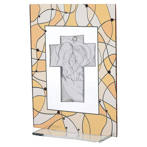Sacra Famiglia vetro con bilaminato argento 20x15 cm decoro geometrico arancio 4