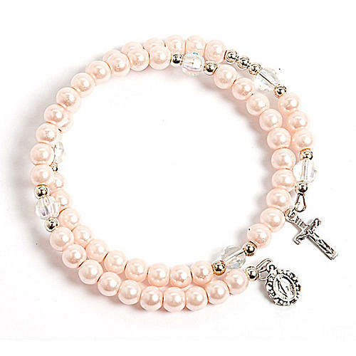 Pulsera rosario símil perla aro de memoria rosa 1