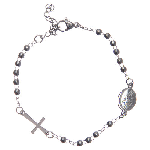 Leather rosary bracelet silver colour 316L stainless steel 1
