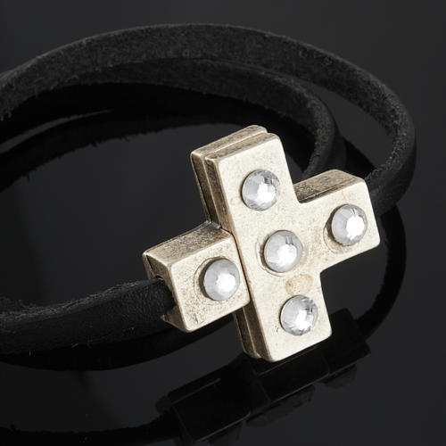 STOCK Religious bracelet in leather with cross and strass 5
