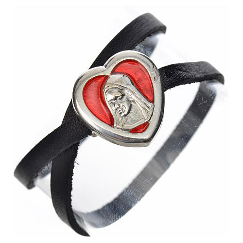 STOCK Bracelet in black leather with Virgin Mary pendant red enamel 1